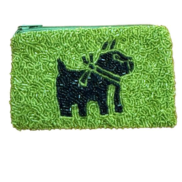 MOYNA Green Black Bulldog Beaded Zip Coin Purse 5 x 3 - Picture 1 of 9